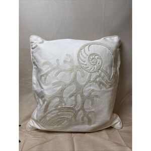 Neutral Embroidered Coastal Shell‎ Coral Pillow VGUC White Duck Feather Fill
